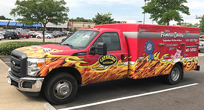 Famous Dave's BBQ Catering Truck with flames painted on the side